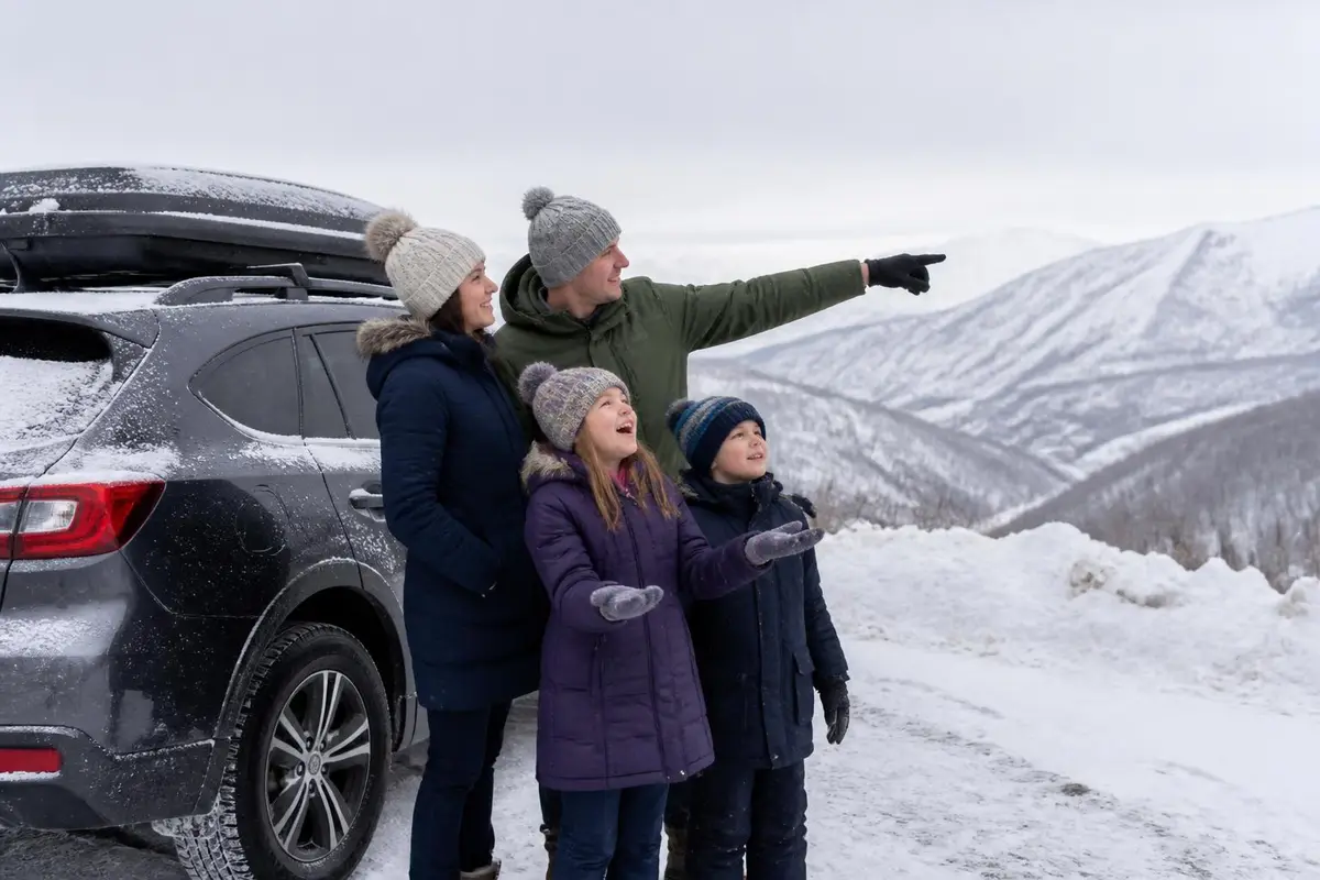Family on a snowy road trip stopping at a scenic pullout