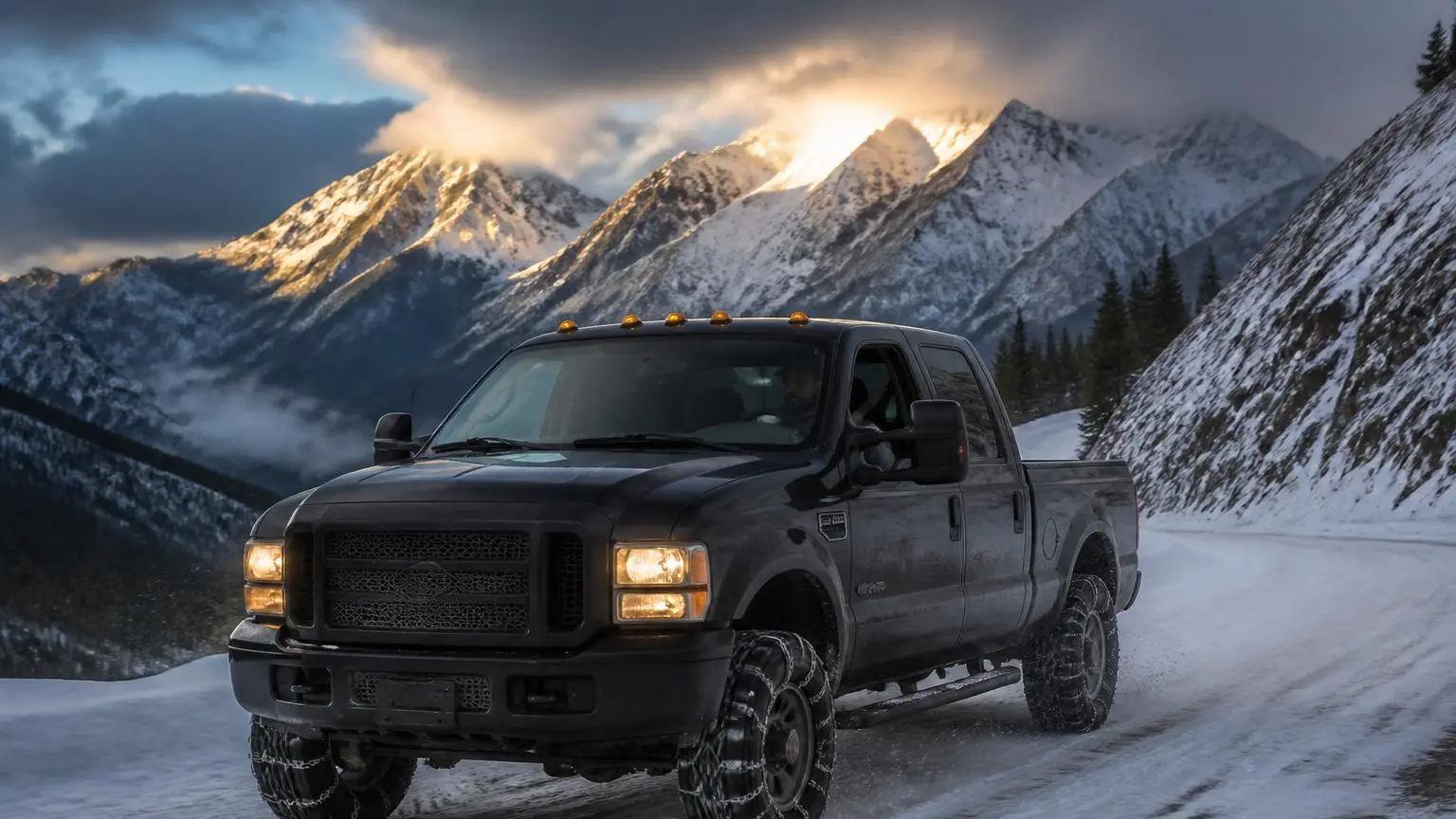 Heavy-duty pickup with chains climbing a snowy pass