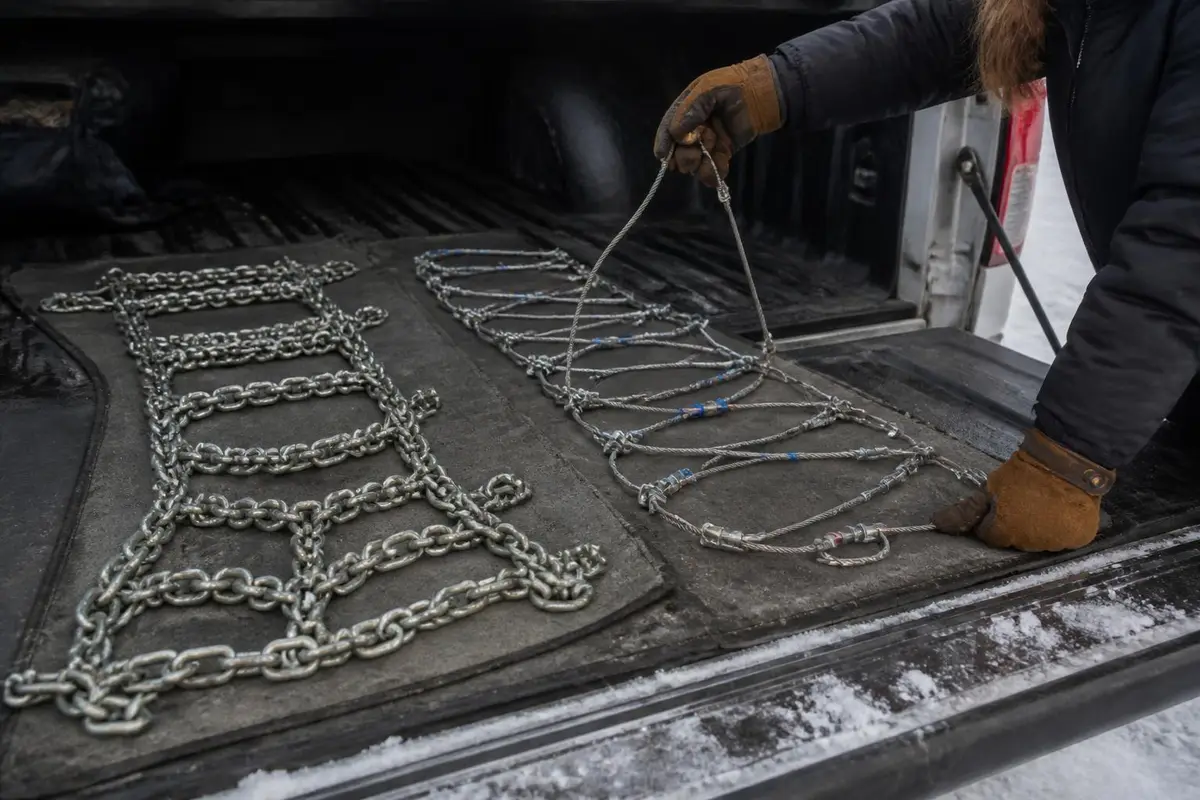 Ladder-style and cable chains laid out in a pickup bed