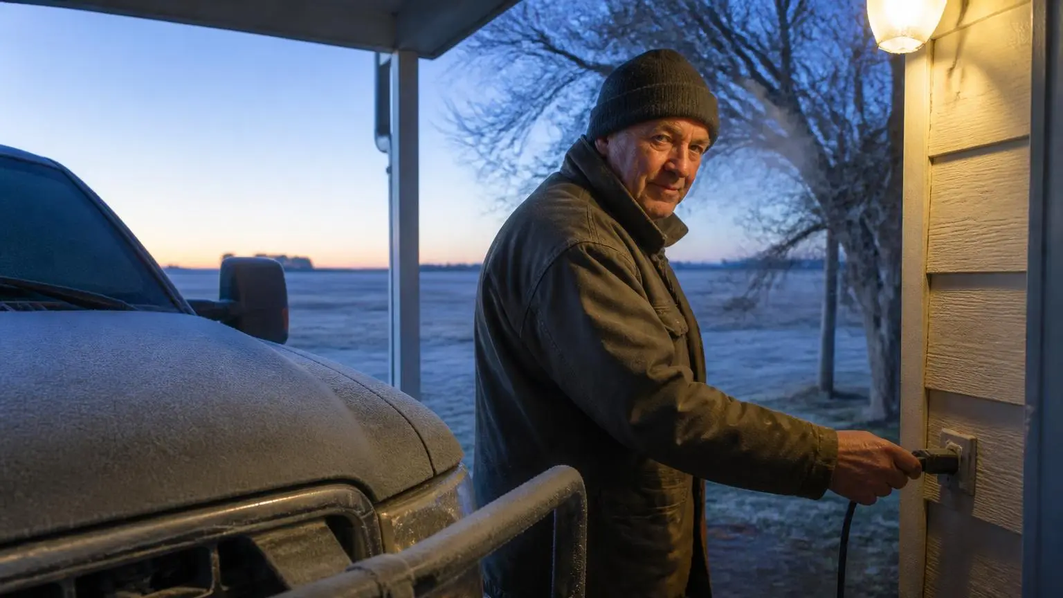Man plugging in a diesel pickup's block heater on a frosty morning