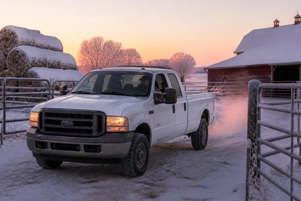 Diesel pickup pulling out of a frozen ranch yard at sunrise