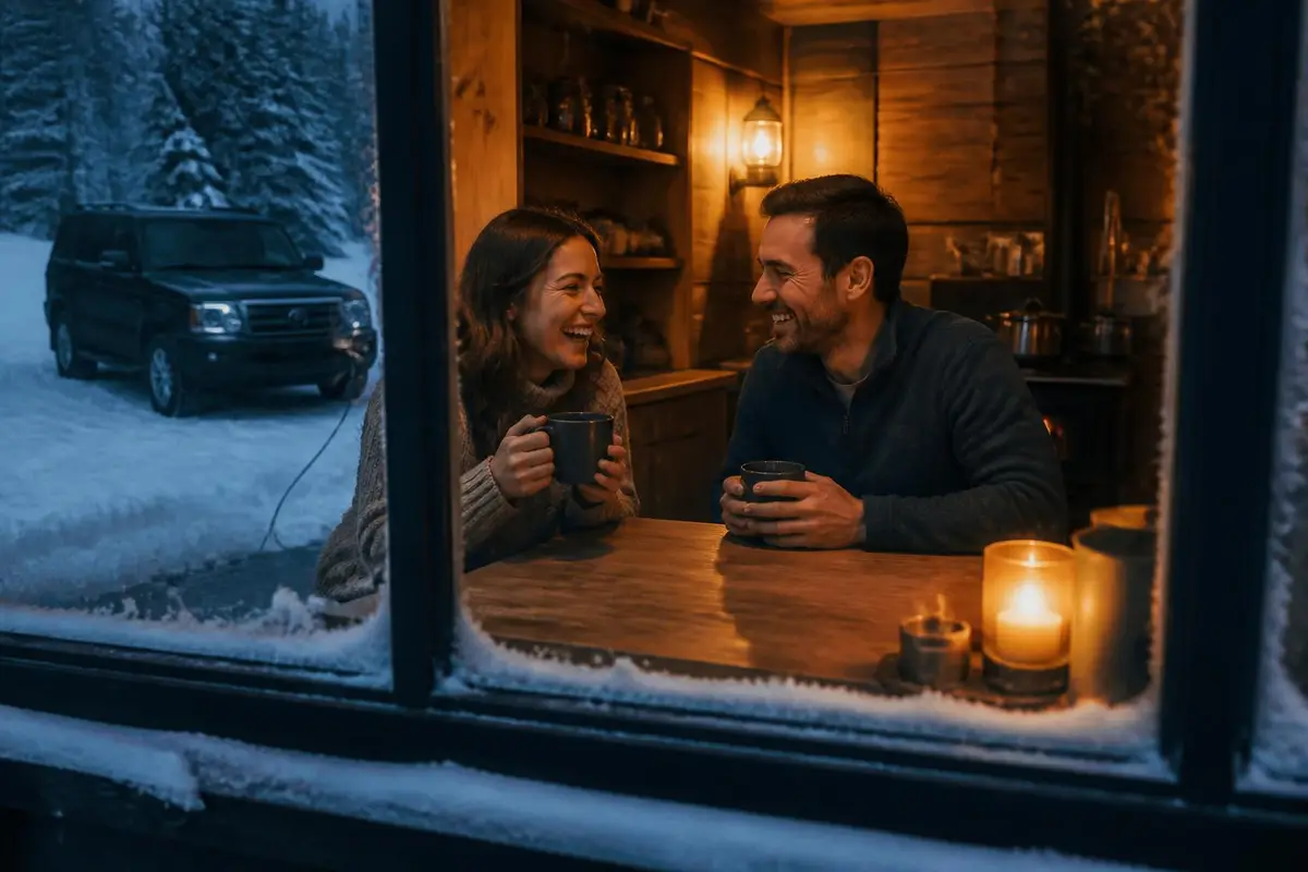 Couple warming up in a cabin while their truck sits plugged in outside