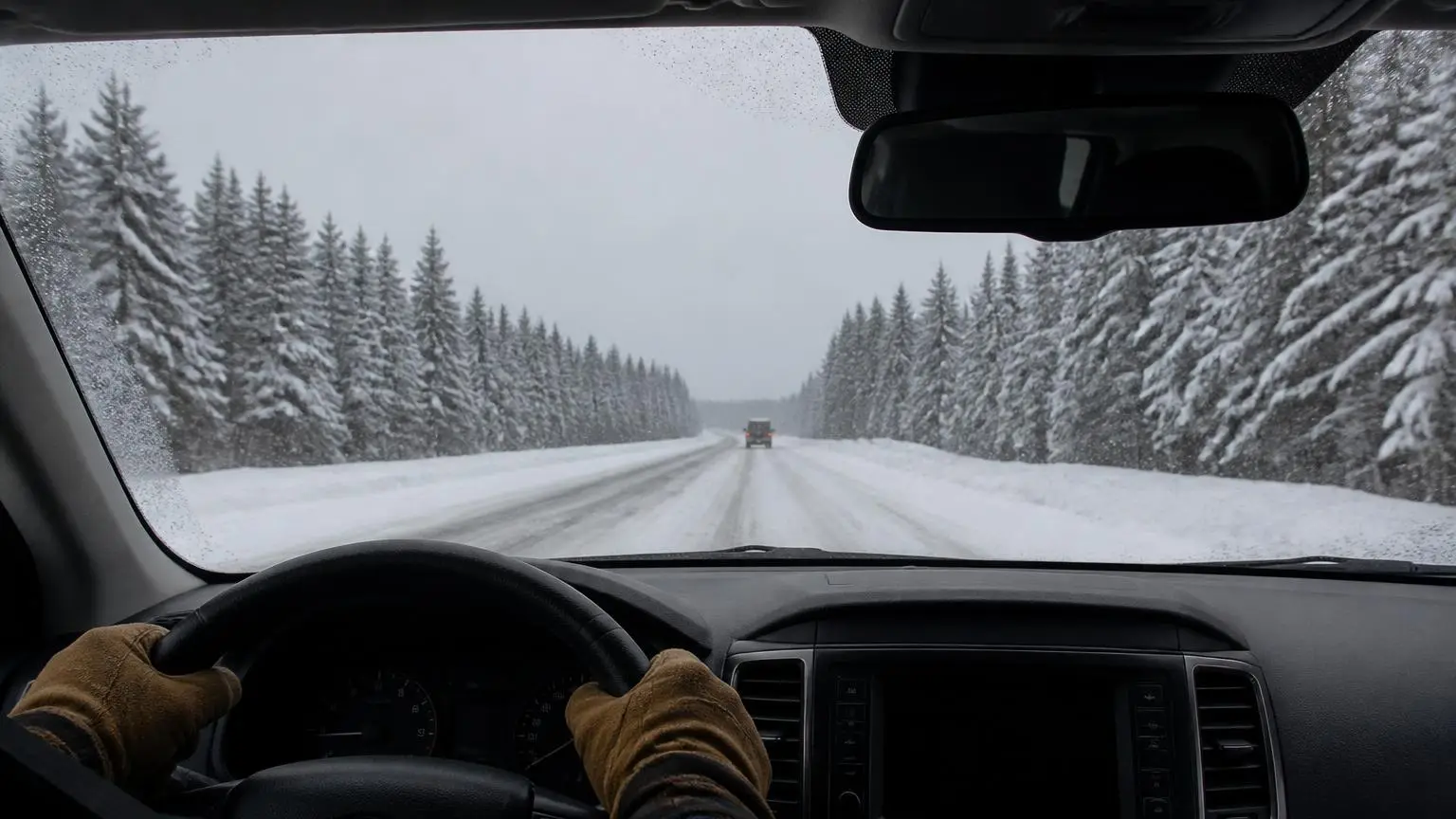 Driver's view of a snowy two-lane road with safe following distance
