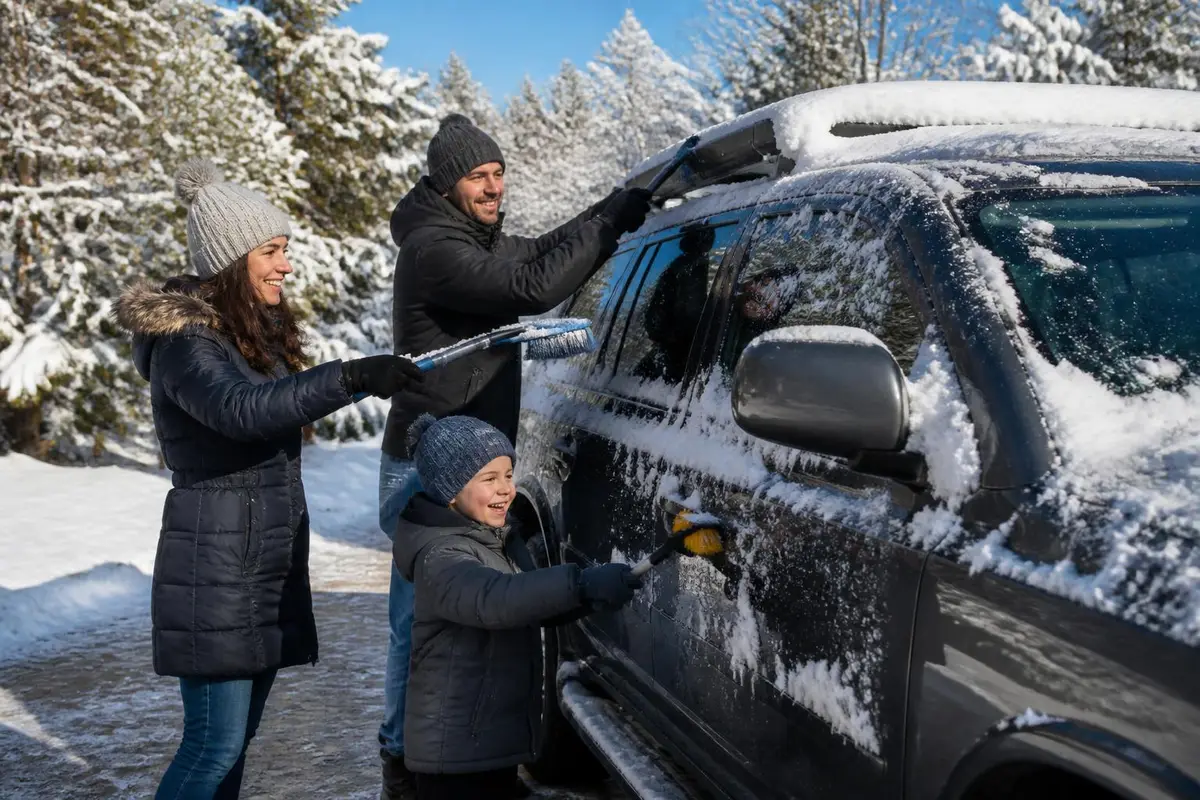 Family brushing snow off their 4WD before a drive