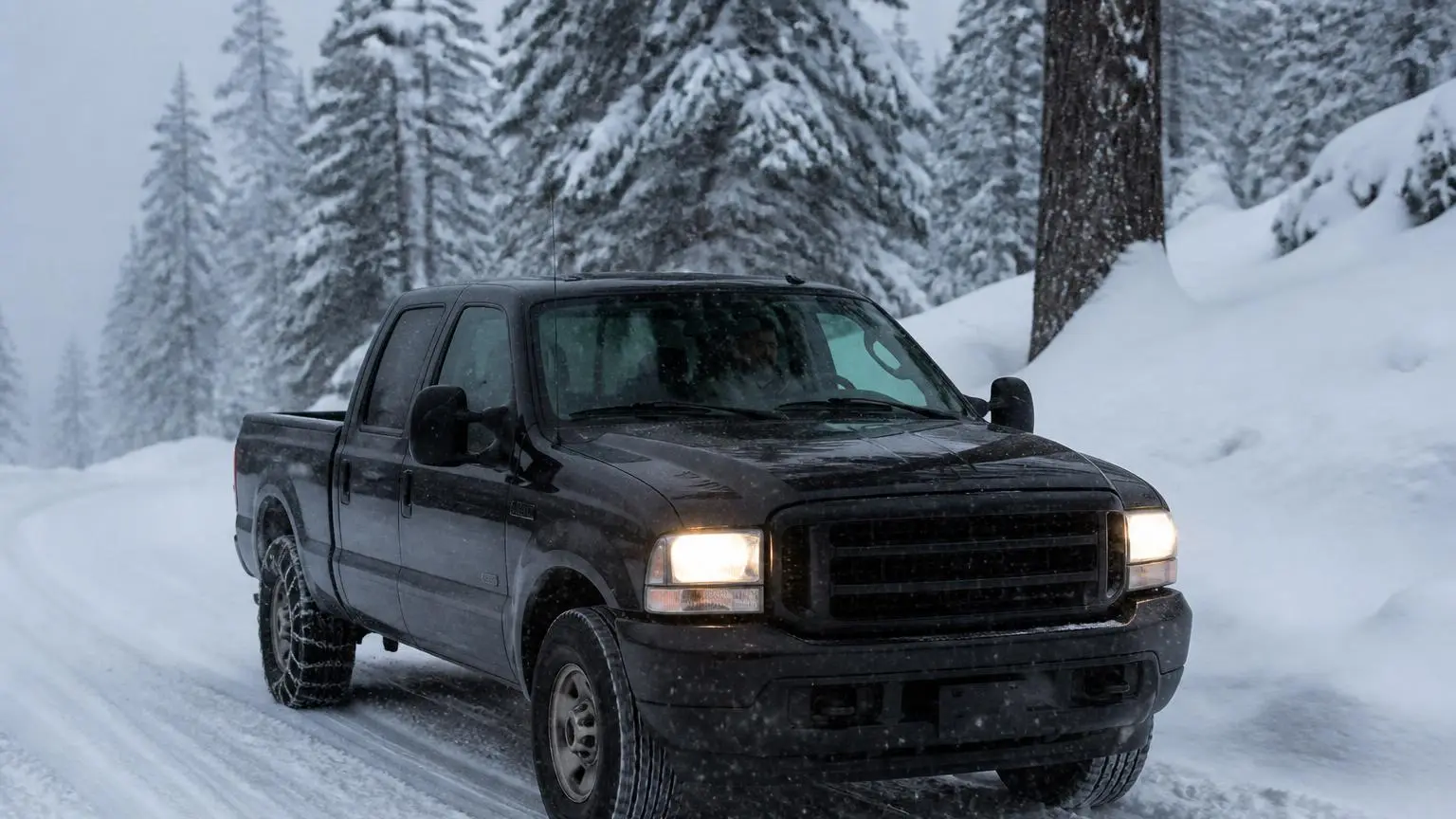Pickup driving a snowy mountain road in falling snow
