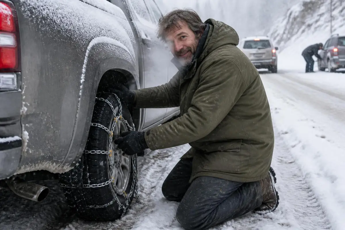 Man fitting snow chains to a pickup tire at a chain-up area