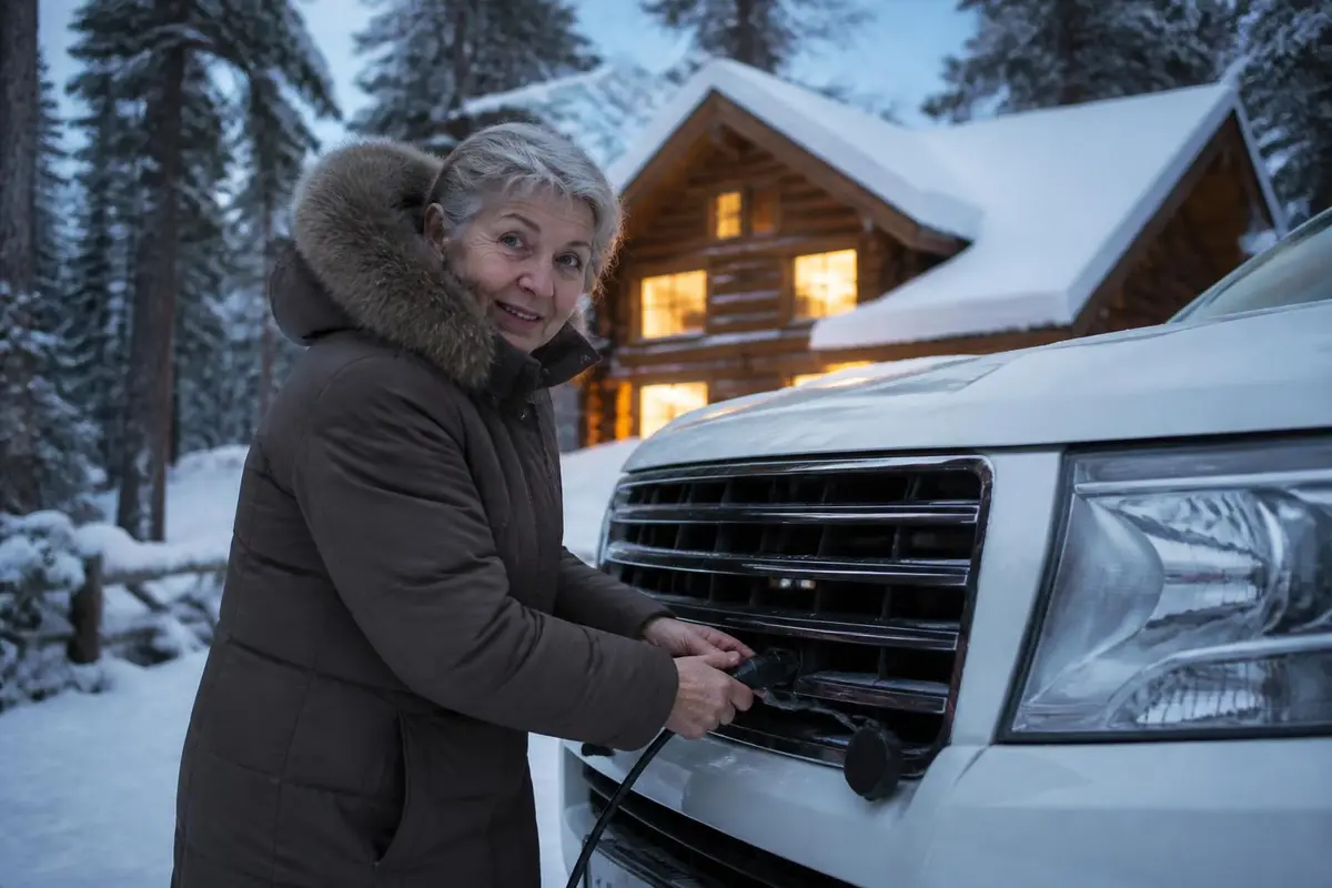 Woman plugging in a block heater cord outside a cabin