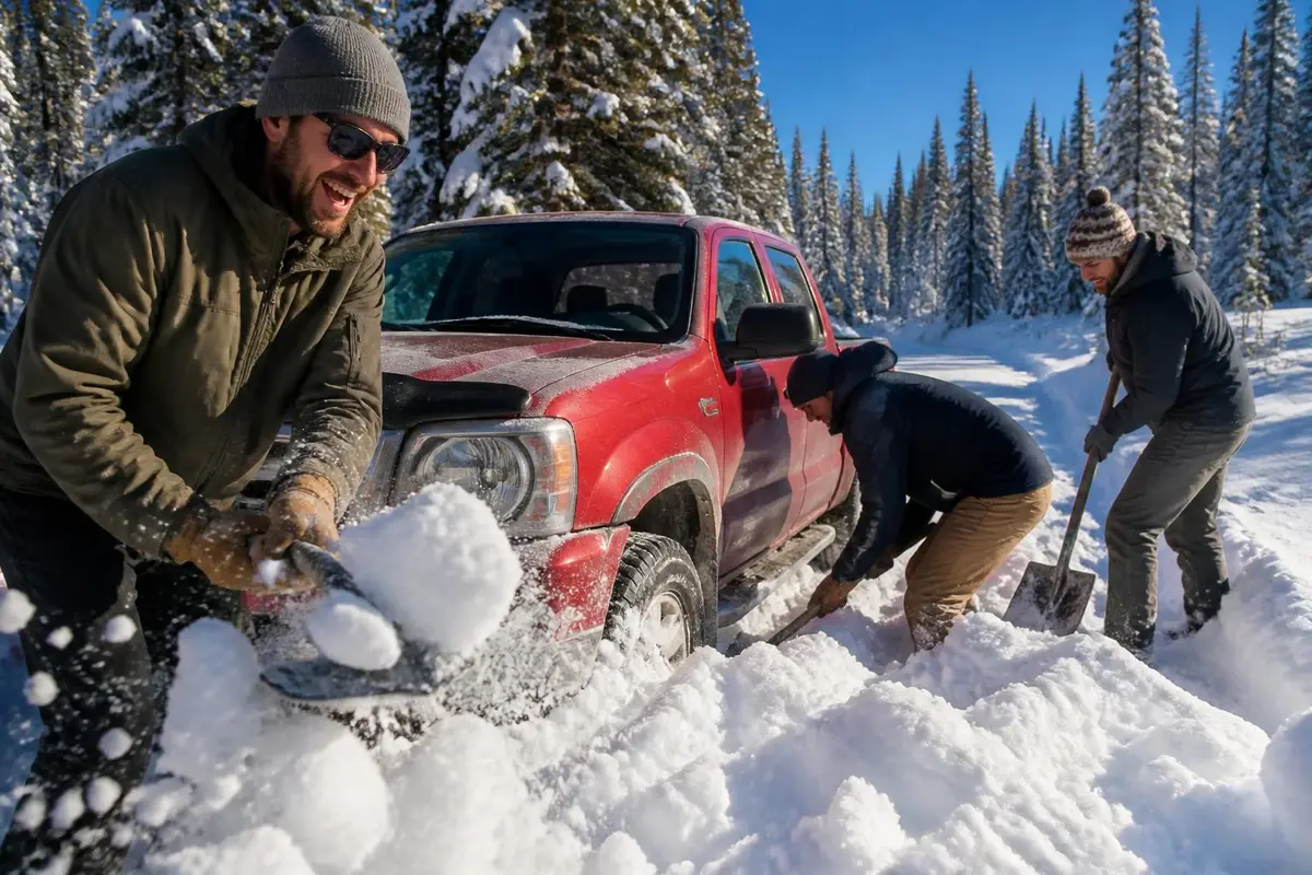 Friends shoveling snow from around a stuck truck