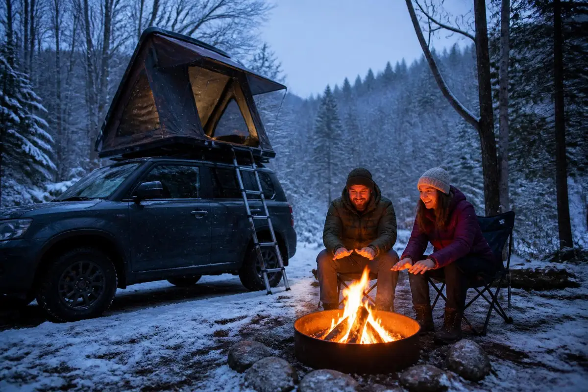 Winter camp with a rooftop tent on an SUV
