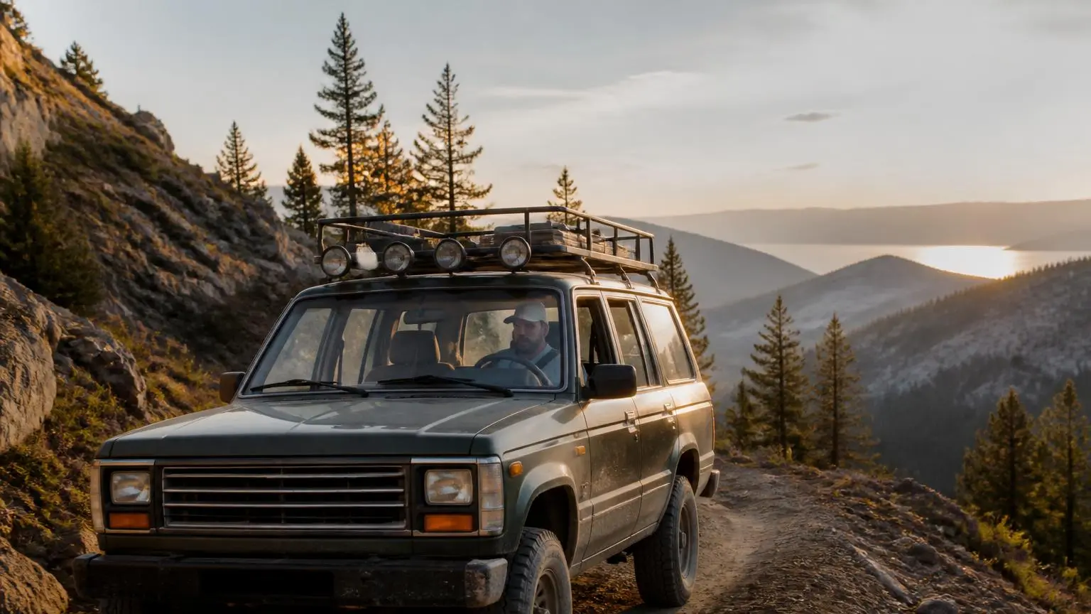 Well-equipped 4WD on a mountain trail at golden hour
