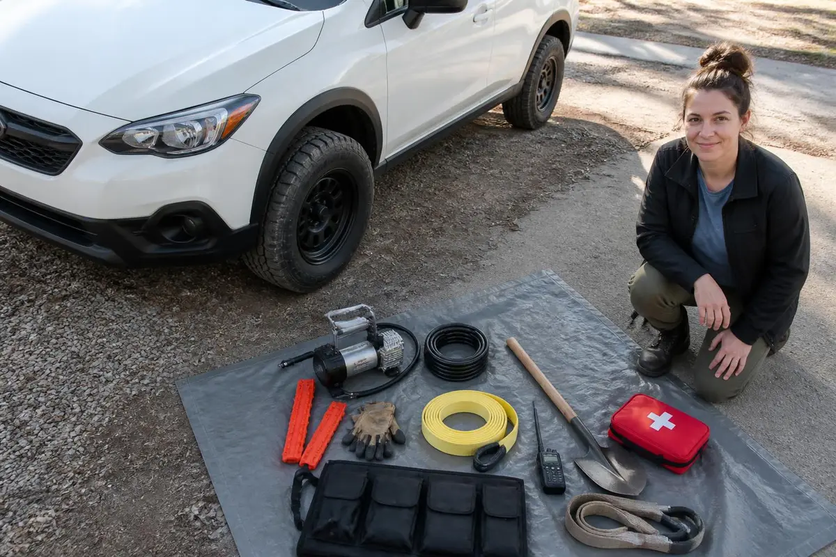 Gear laid out on a tarp beside a truck in a driveway