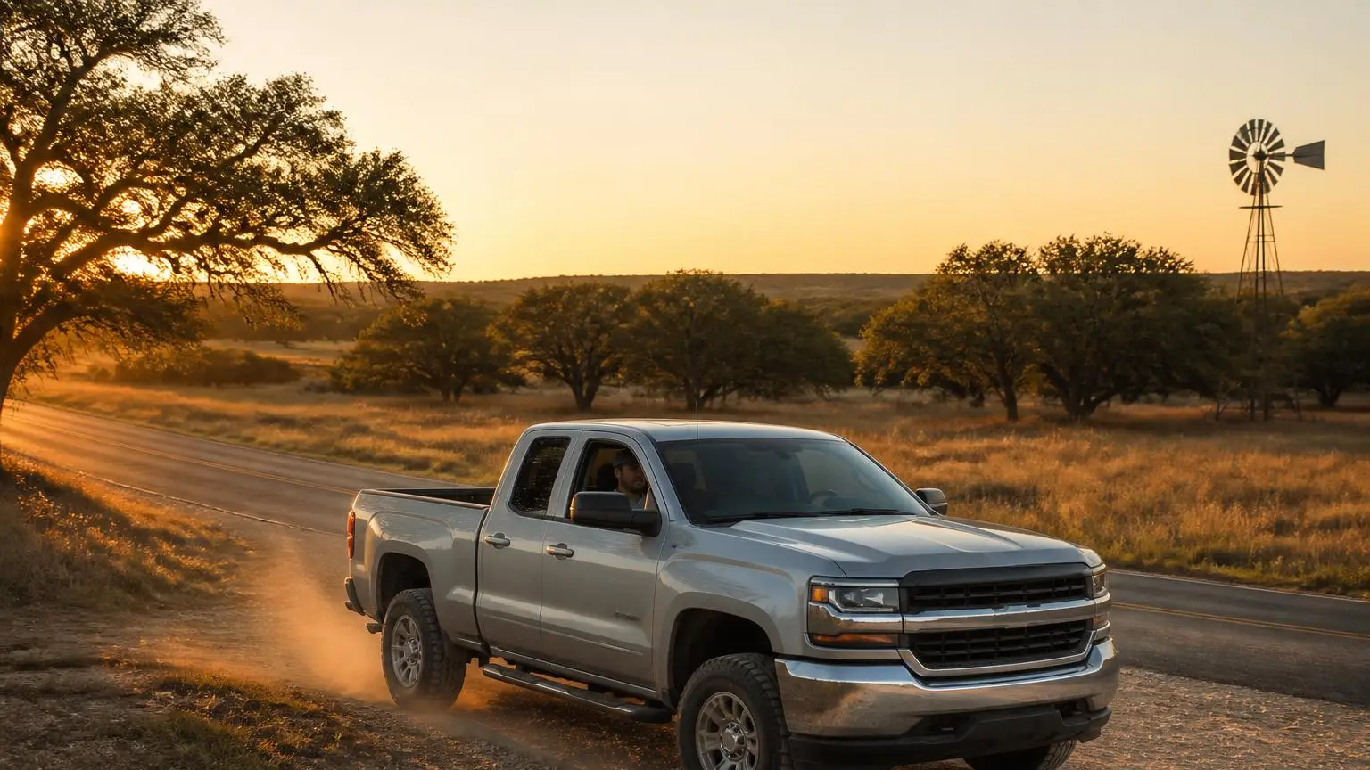 Pickup on all-terrain tires transitioning from pavement to gravel