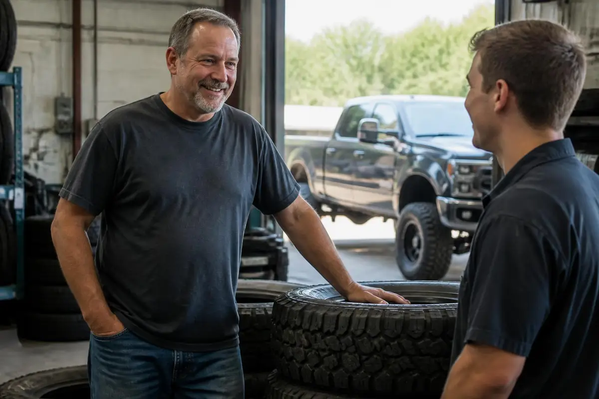 Man comparing load-rated tires in a shop
