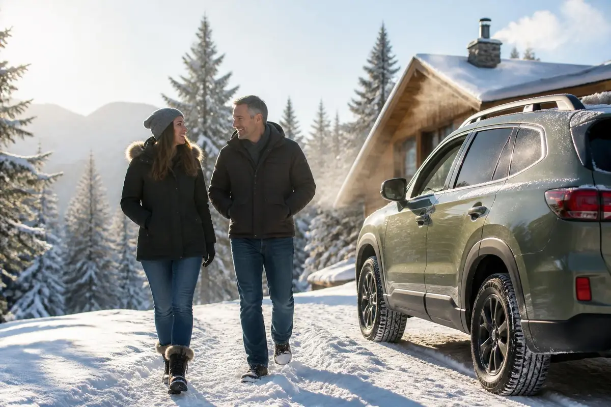 Couple walking to their snow-covered SUV on all-terrains