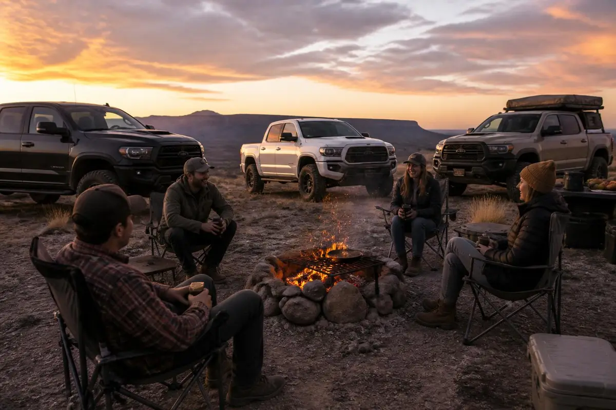 Pickups with different all-terrain treads parked at a group camp