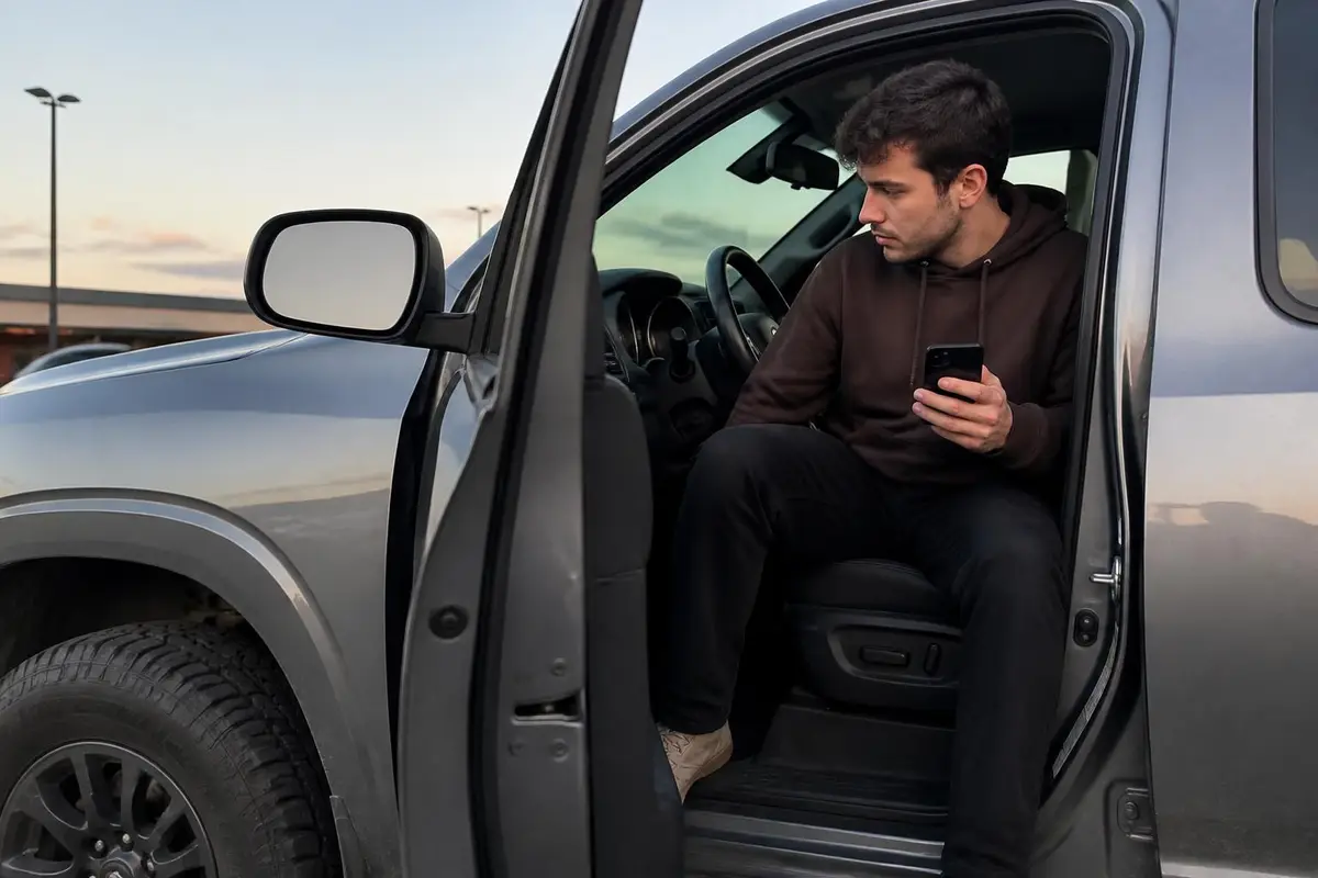 Owner checking tire size on a phone in the cab