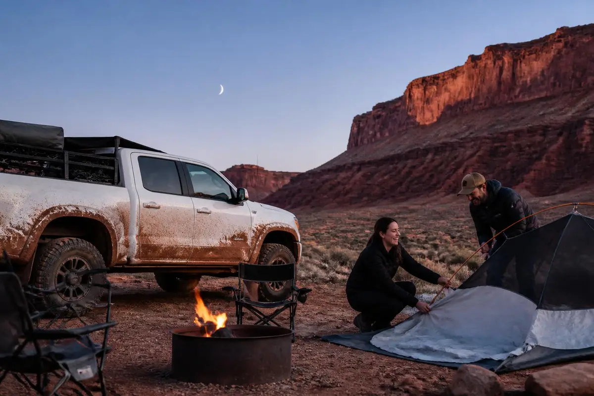 Tires caked in red mud at a desert camp