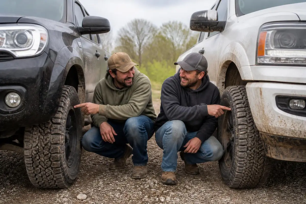 Friends comparing tread depth on their trucks