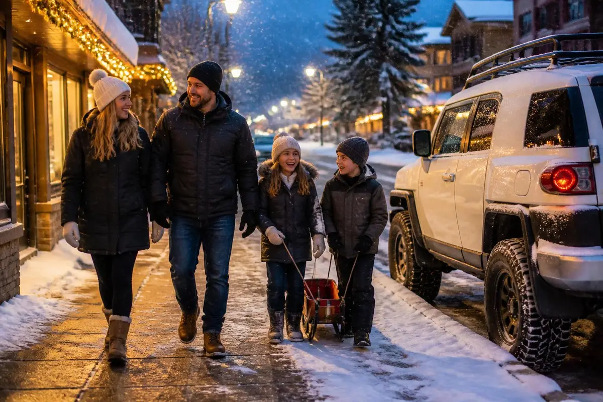 Family walking past their SUV in a snowy ski-town street