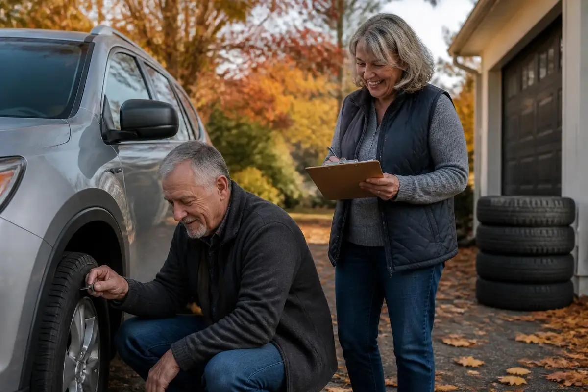 Couple checking tread depth before winter