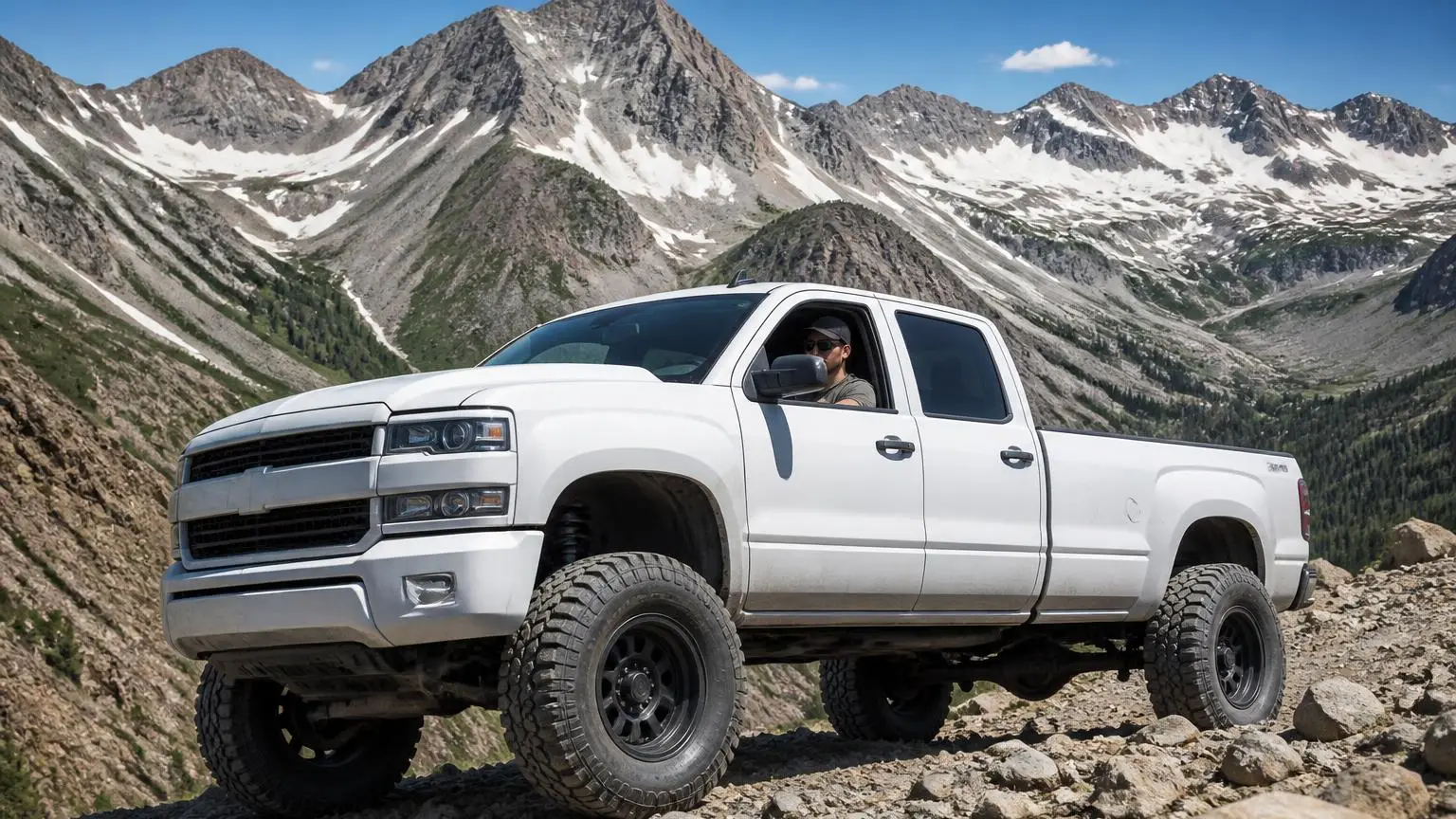 Lifted pickup on new all-terrain tires on a rocky mountain road