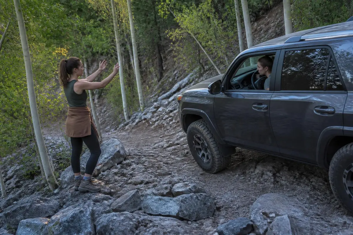 Trail spotter guiding a truck on new tires over boulders