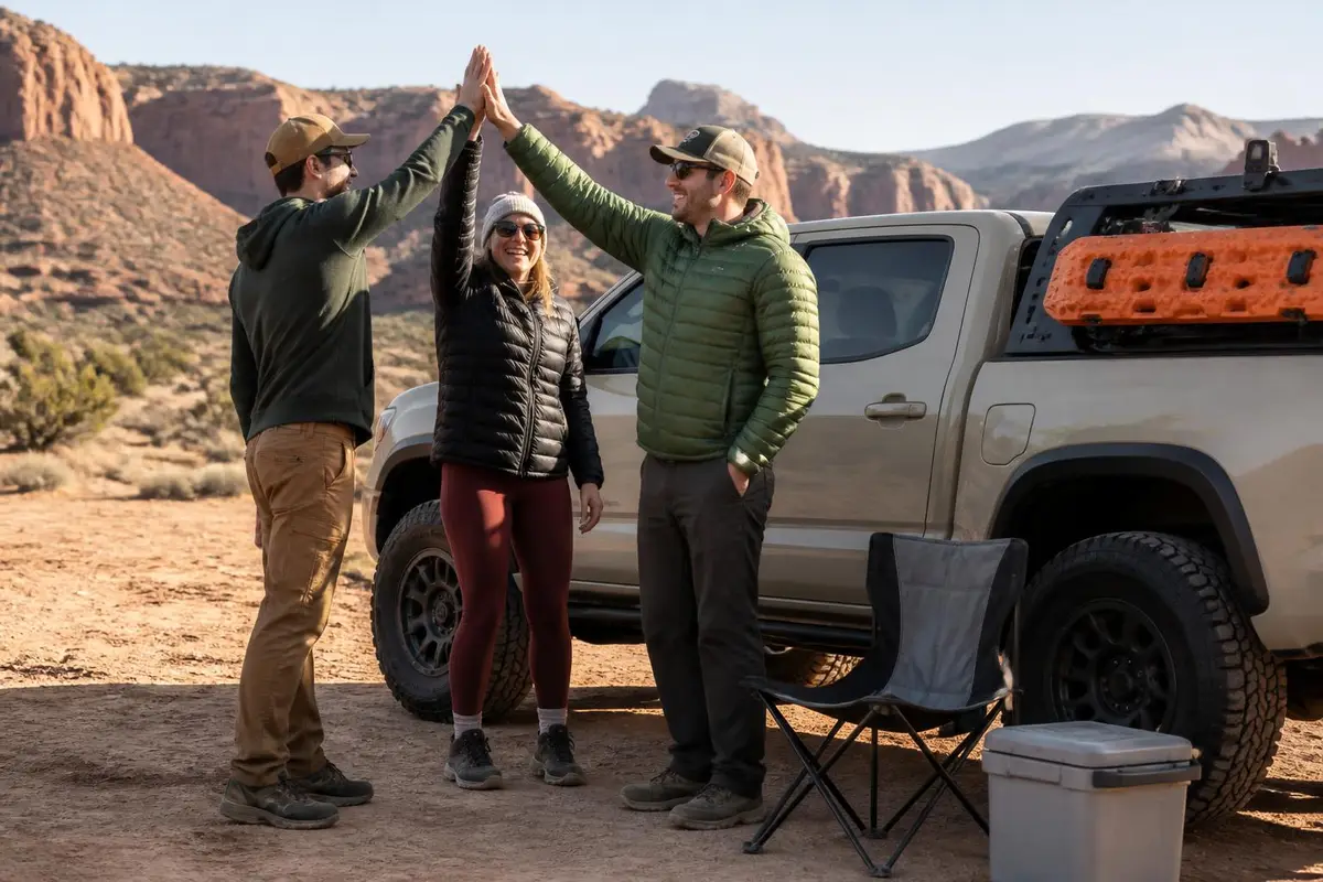 Friends celebrating new tires at a trailhead