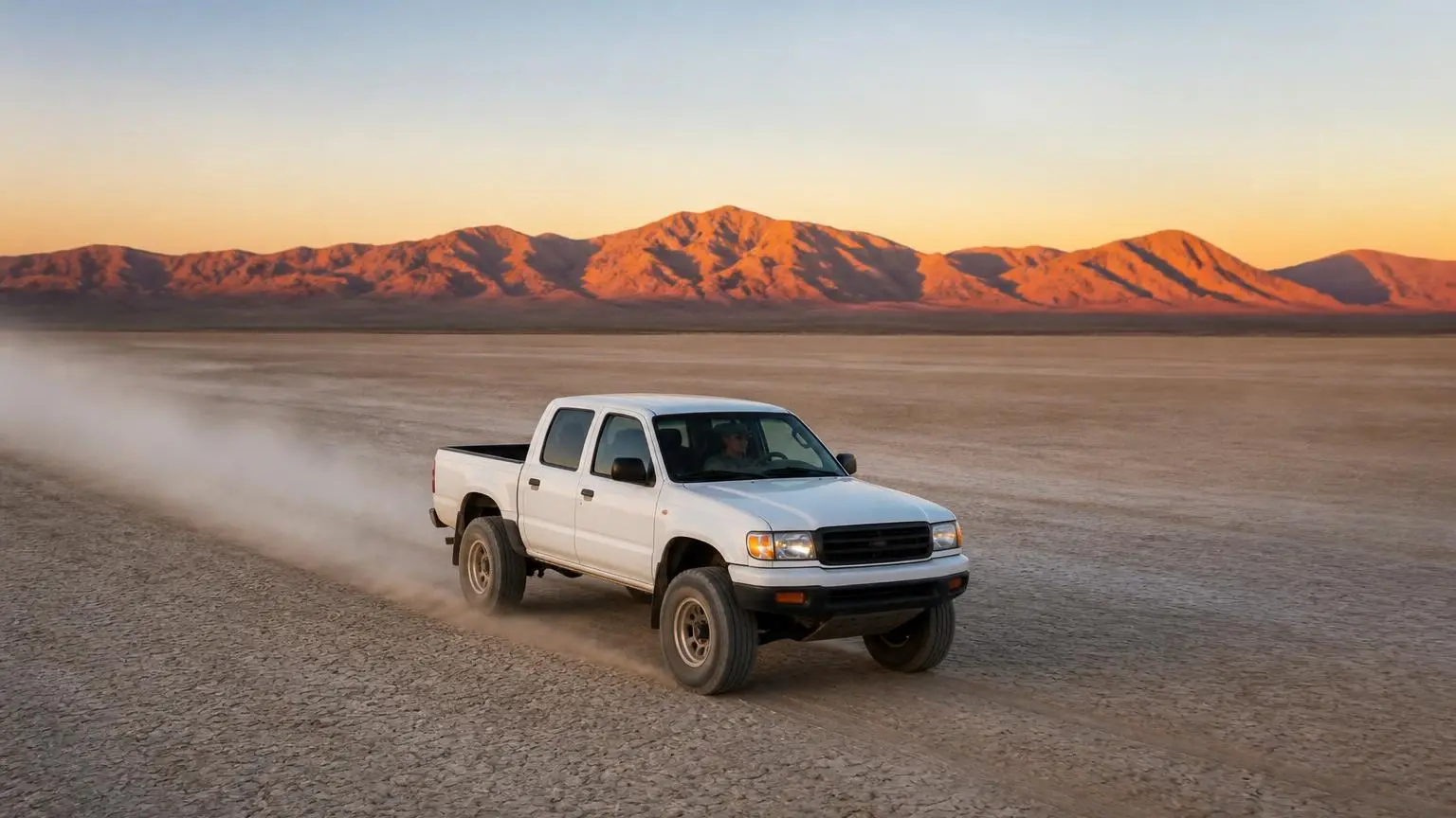 Lifted pickup racing a long dust trail across a dry lakebed