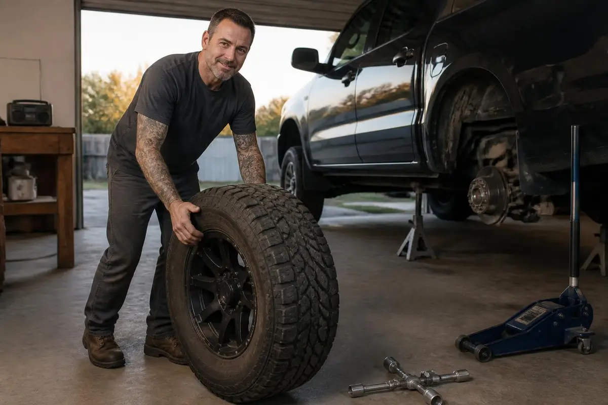 Man rotating off-road tires in his garage
