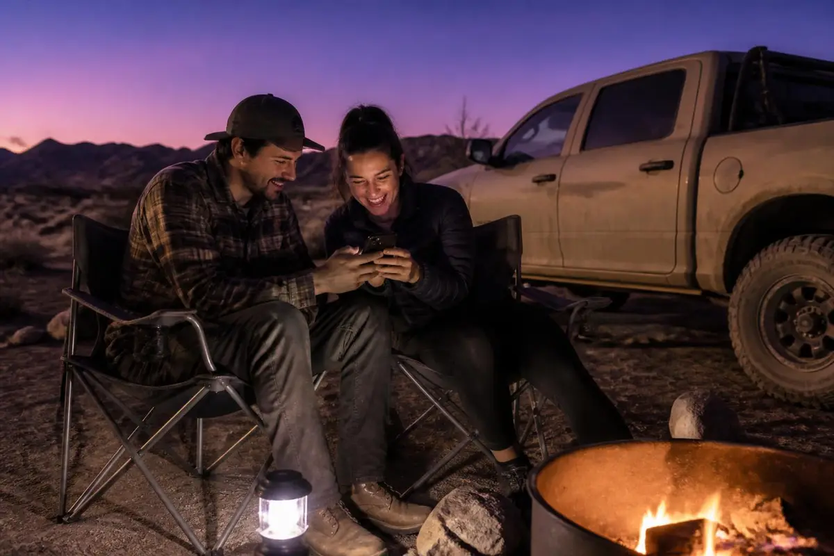 Couple reading owner reviews on a phone at a desert camp