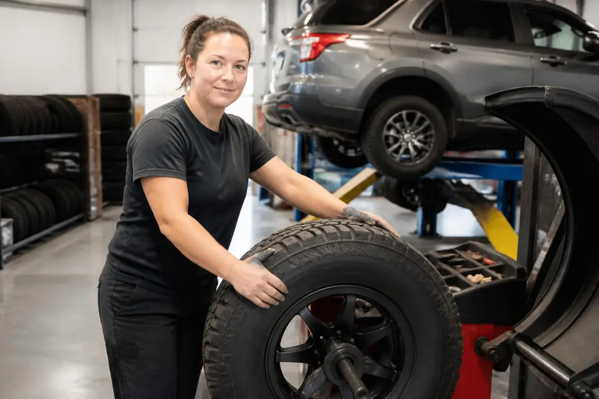 Technician balancing an off-road tire at a shop