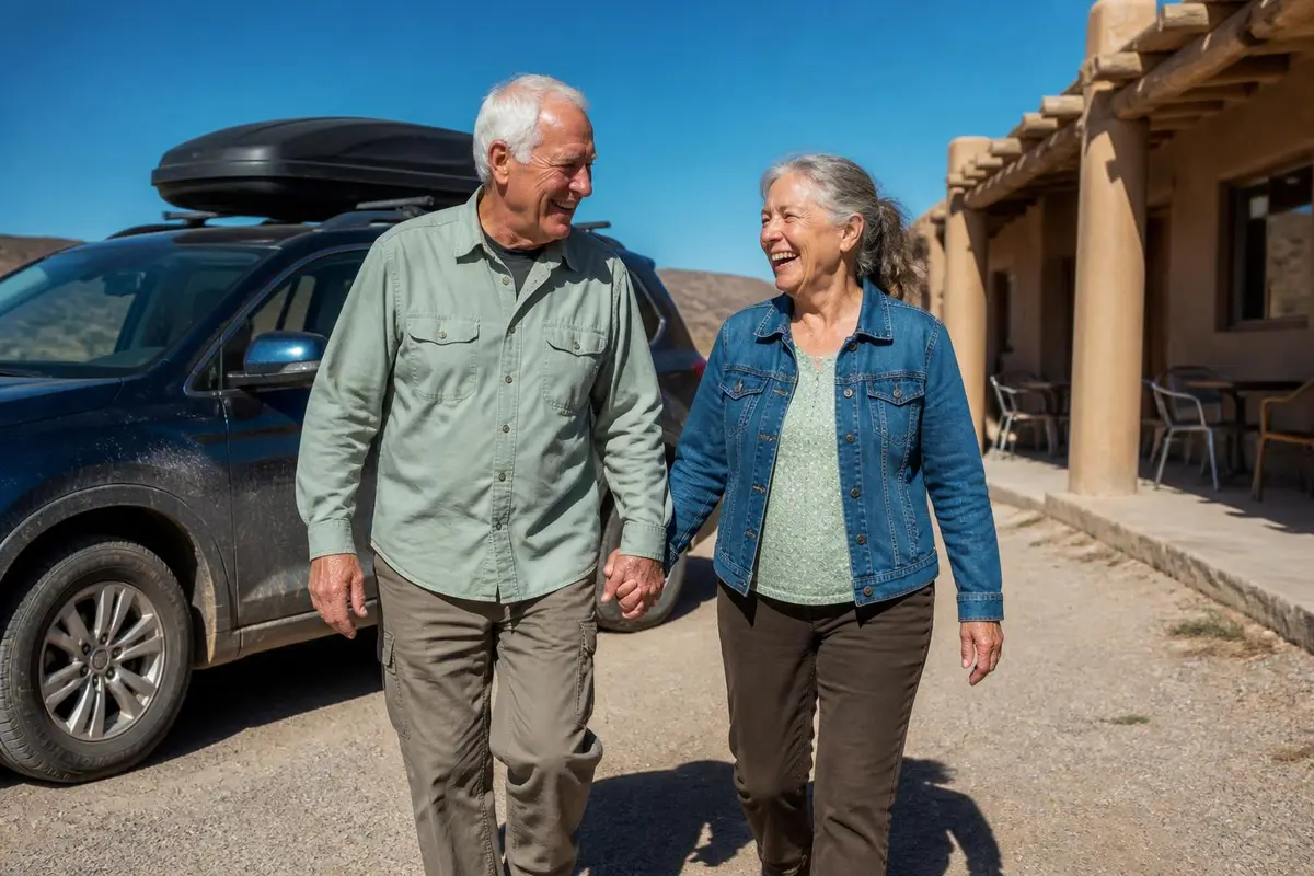 Retired couple on a road trip stopping at a roadside diner