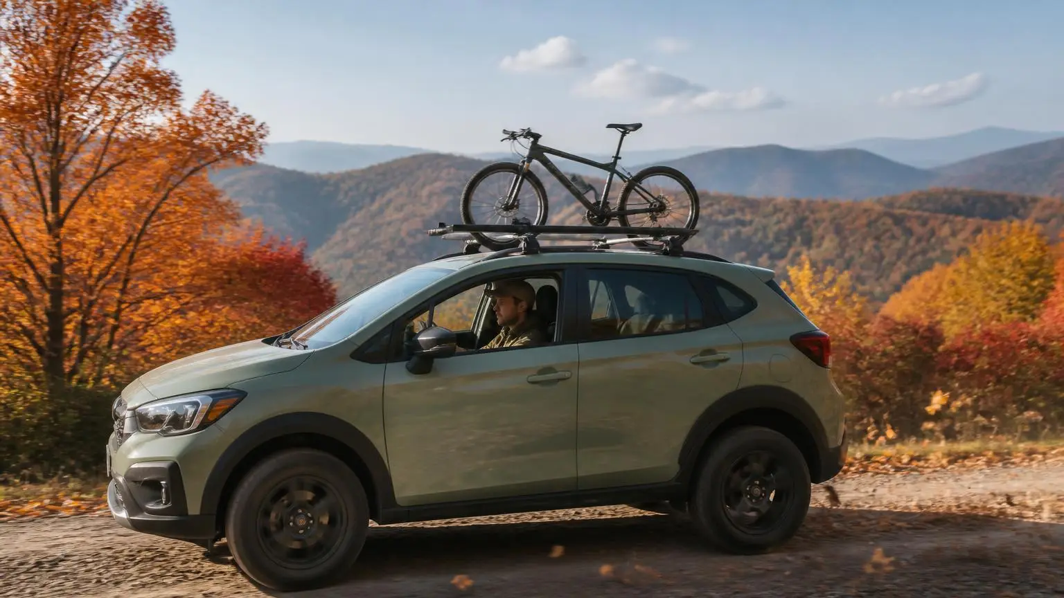 Crossover on all-terrain tires on a gravel ridge road in autumn
