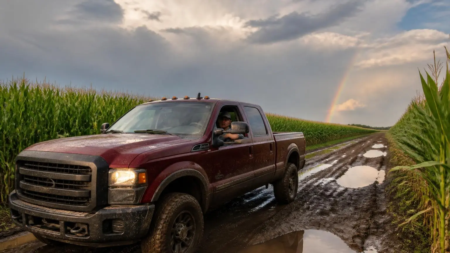 Heavy-duty pickup on a muddy farm track