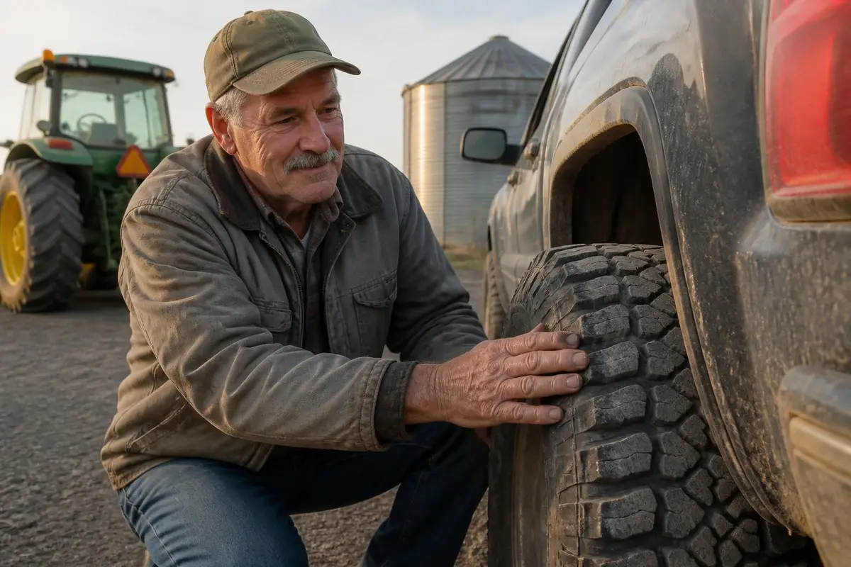 Farmer checking the tires on his work truck