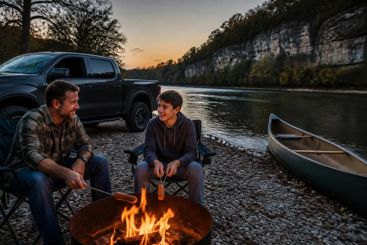 Pickup camp beside a quiet river in the Ozarks