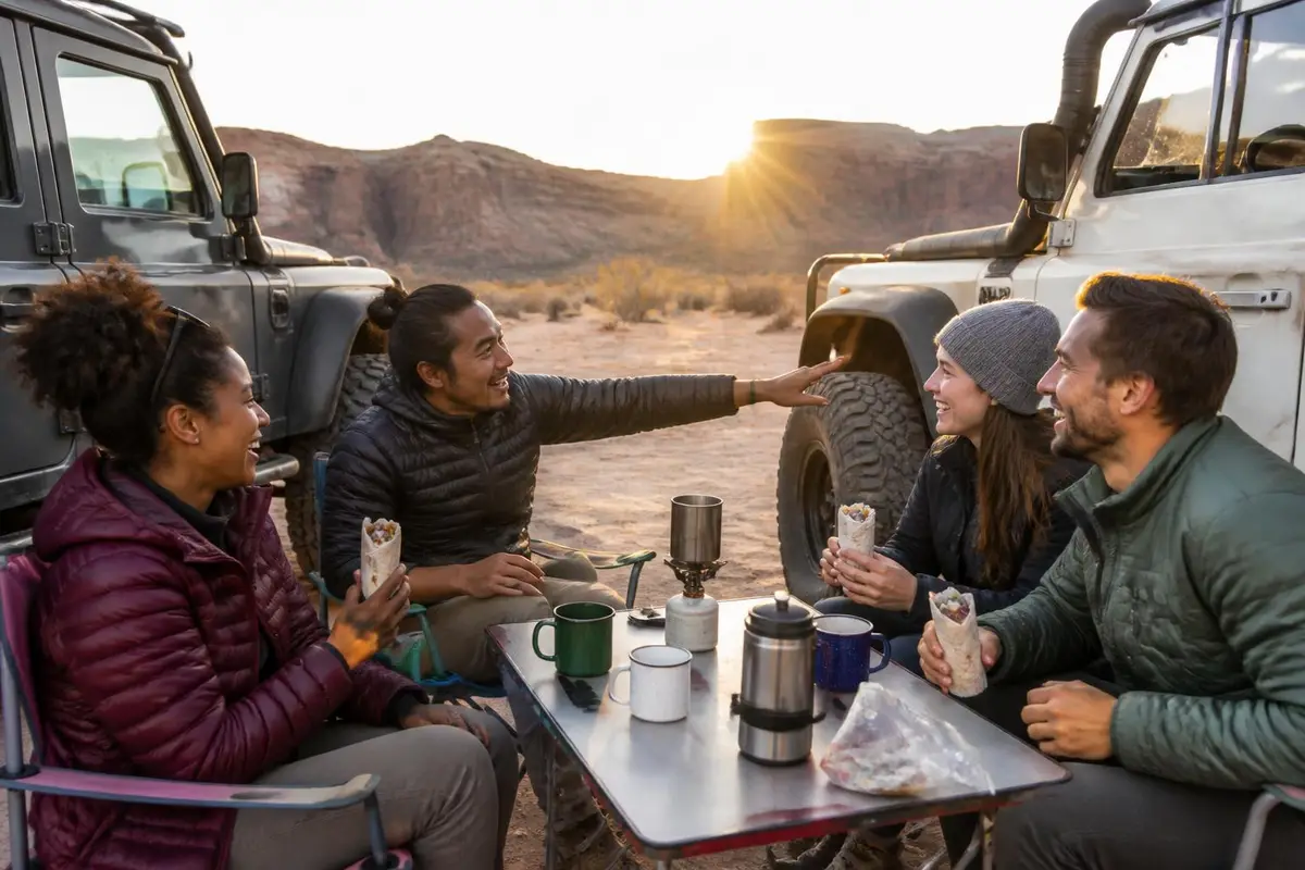 Friends swapping tire stories over breakfast at camp