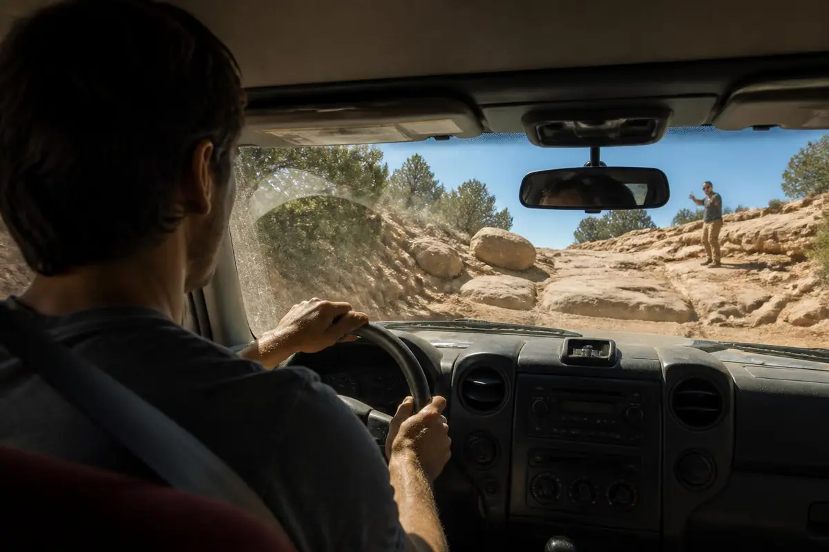 Driver in a vehicle cab with dusty windshield looking at a rocky trail