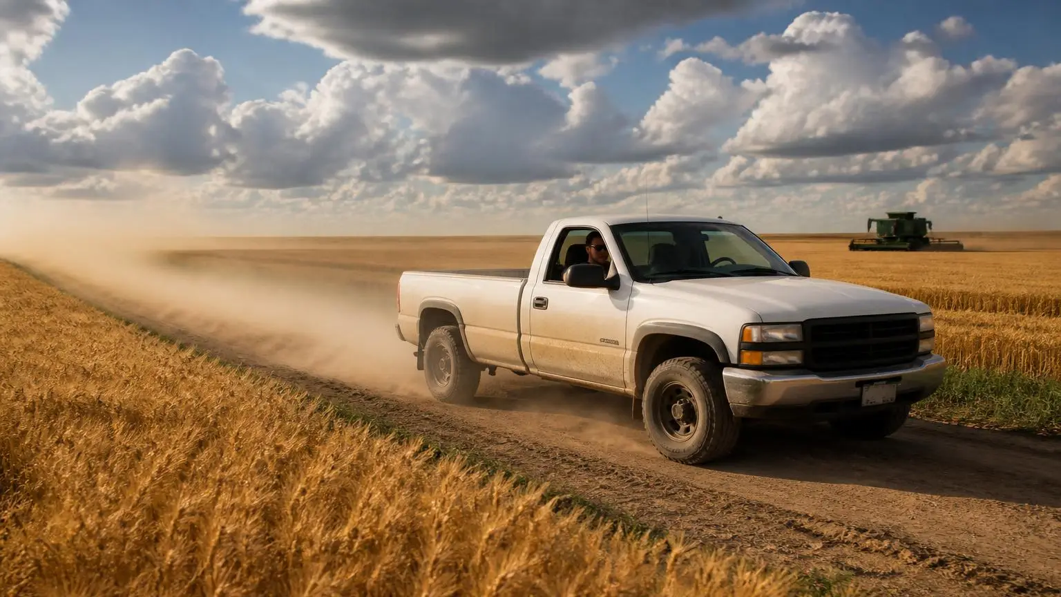 Farm pickup driving a dirt road beside golden wheat fields