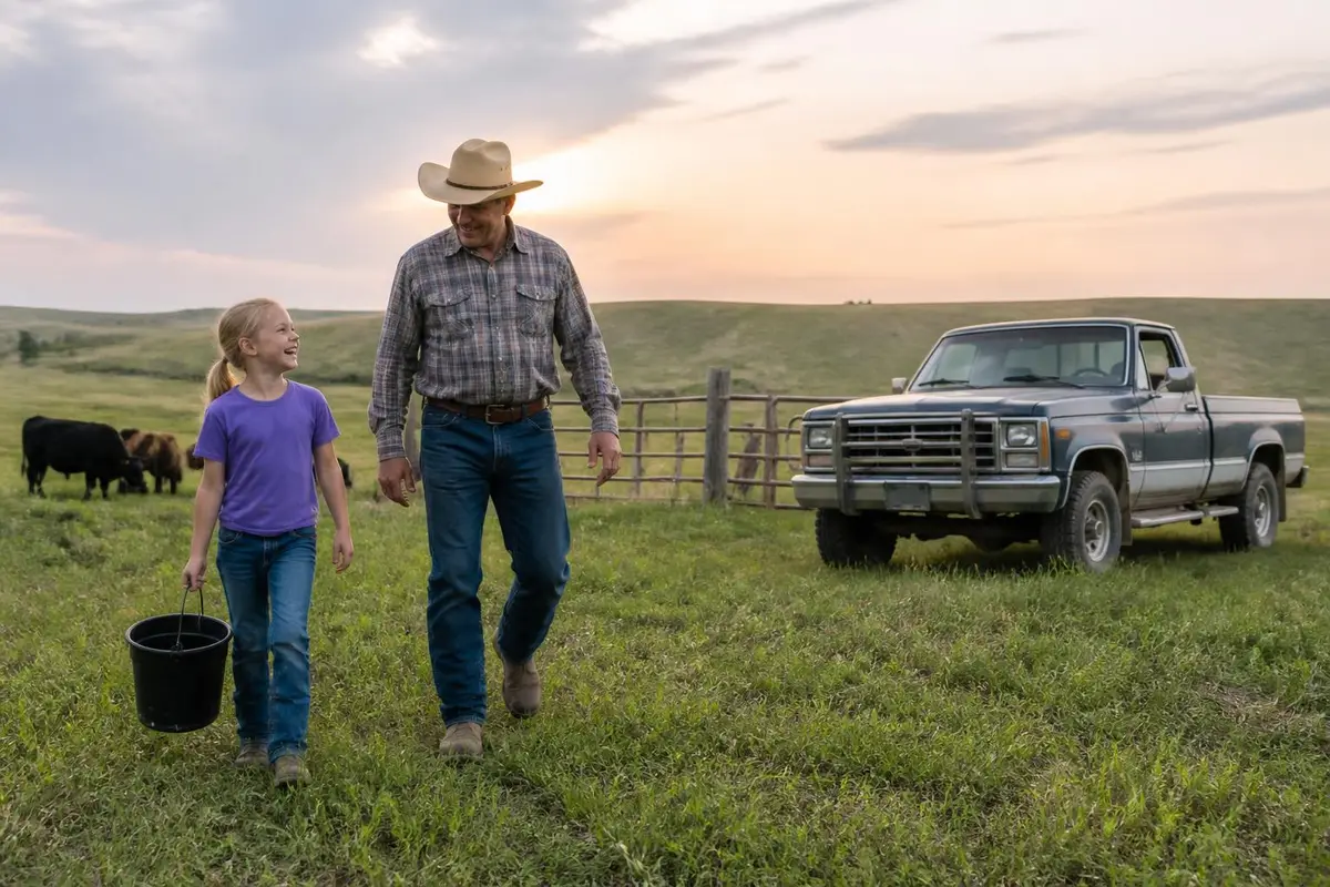 Rancher and daughter walking out to a pickup in a pasture