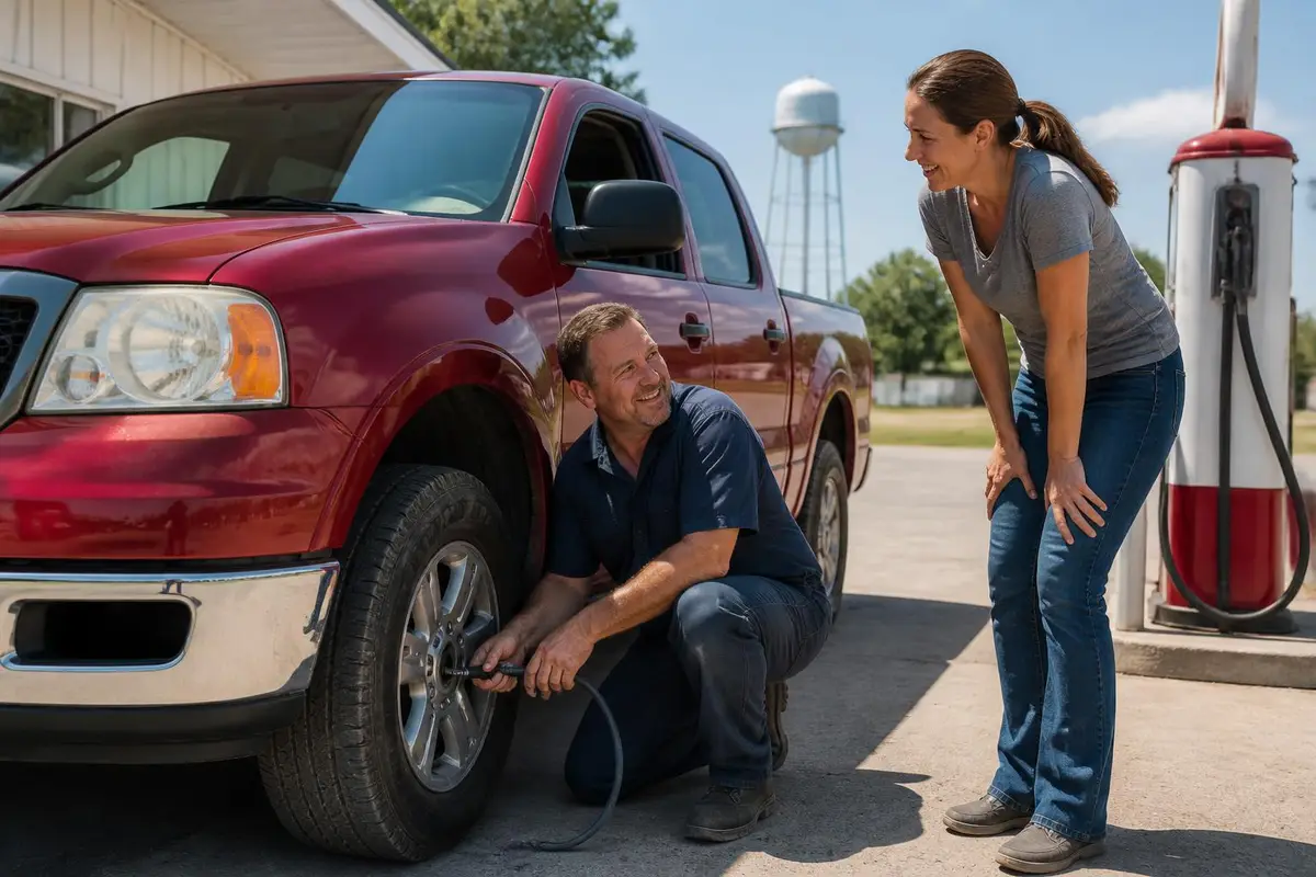 Mechanic checking tire pressure at a small-town service station