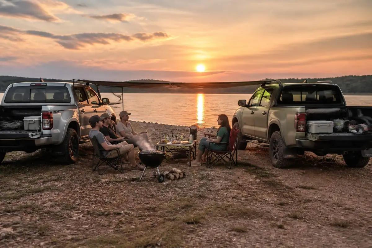 Two trucks set up for a weekend camp by a lake