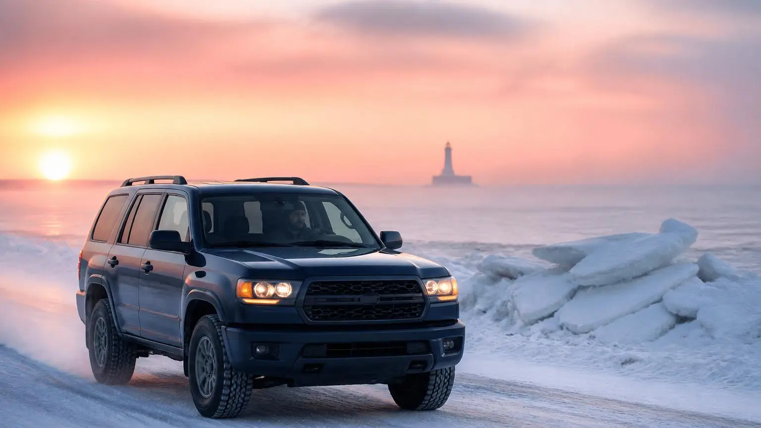 Boxy SUV on all-terrain tires on a snowy Great Lakes shore road