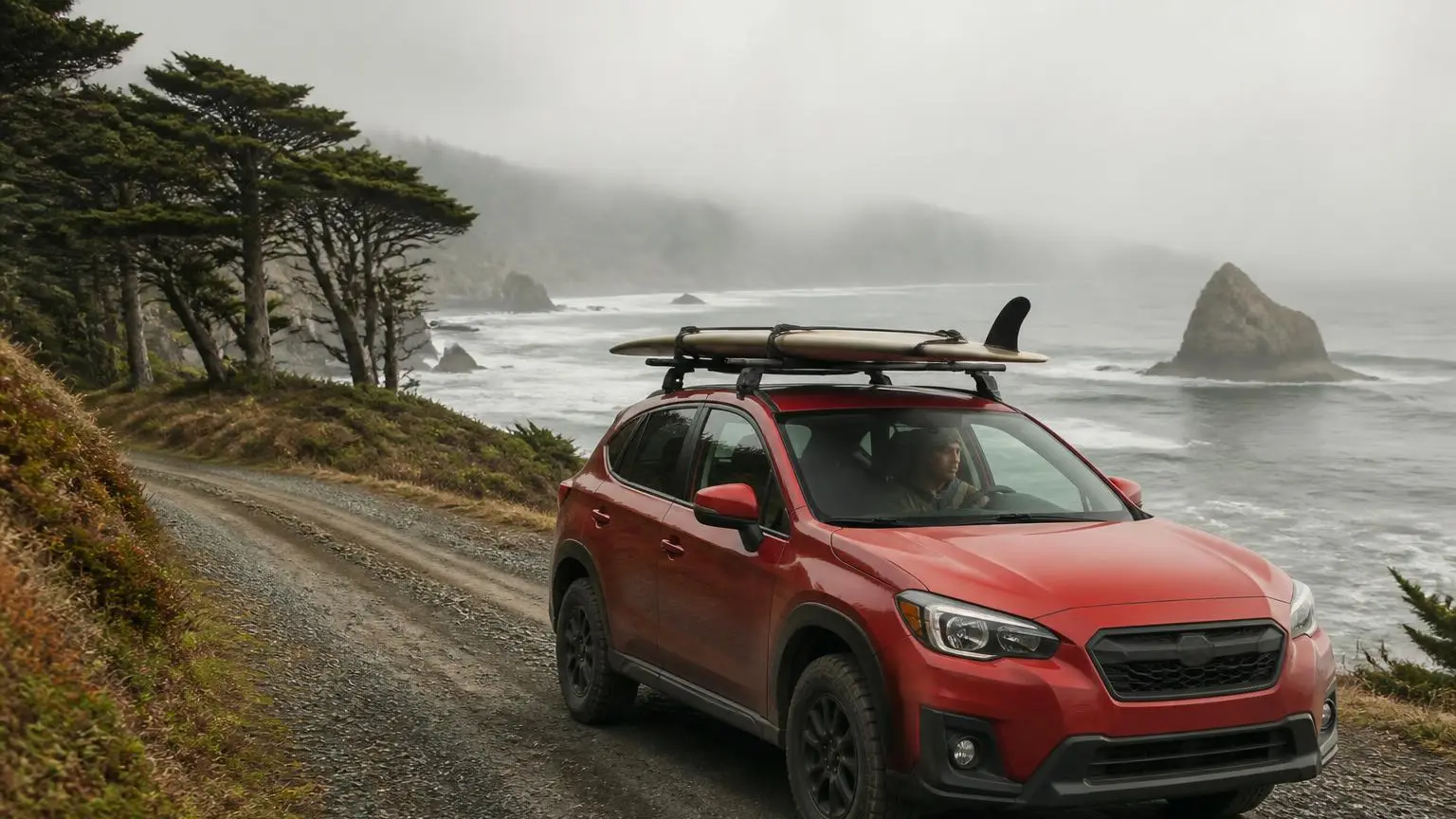 Crossover on all-terrain tires on a foggy coastal gravel road