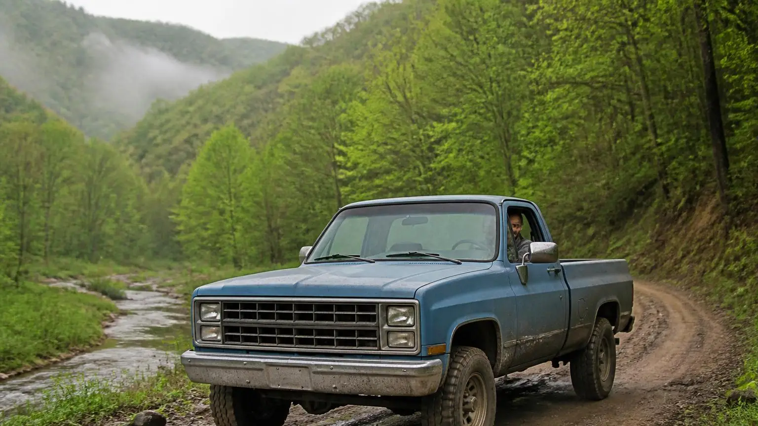 Older square-bodied 4x4 on a muddy Appalachian back road