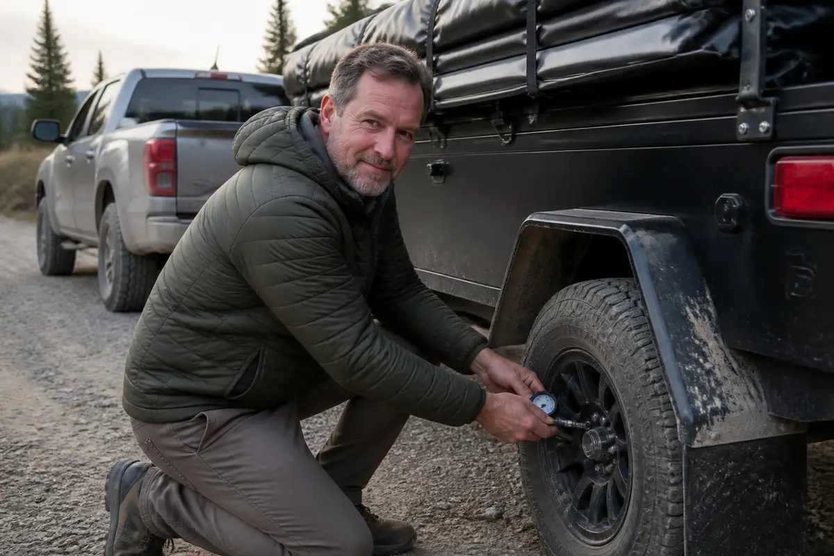 Man checking trailer tire pressure at a trailhead