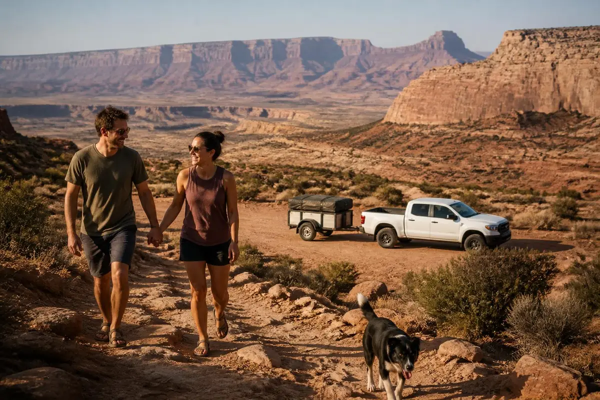 Couple walking back from a viewpoint to their truck and trailer