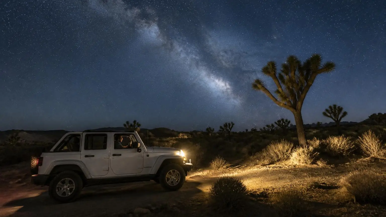 Four-door off-roader driving through a desert at night under stars