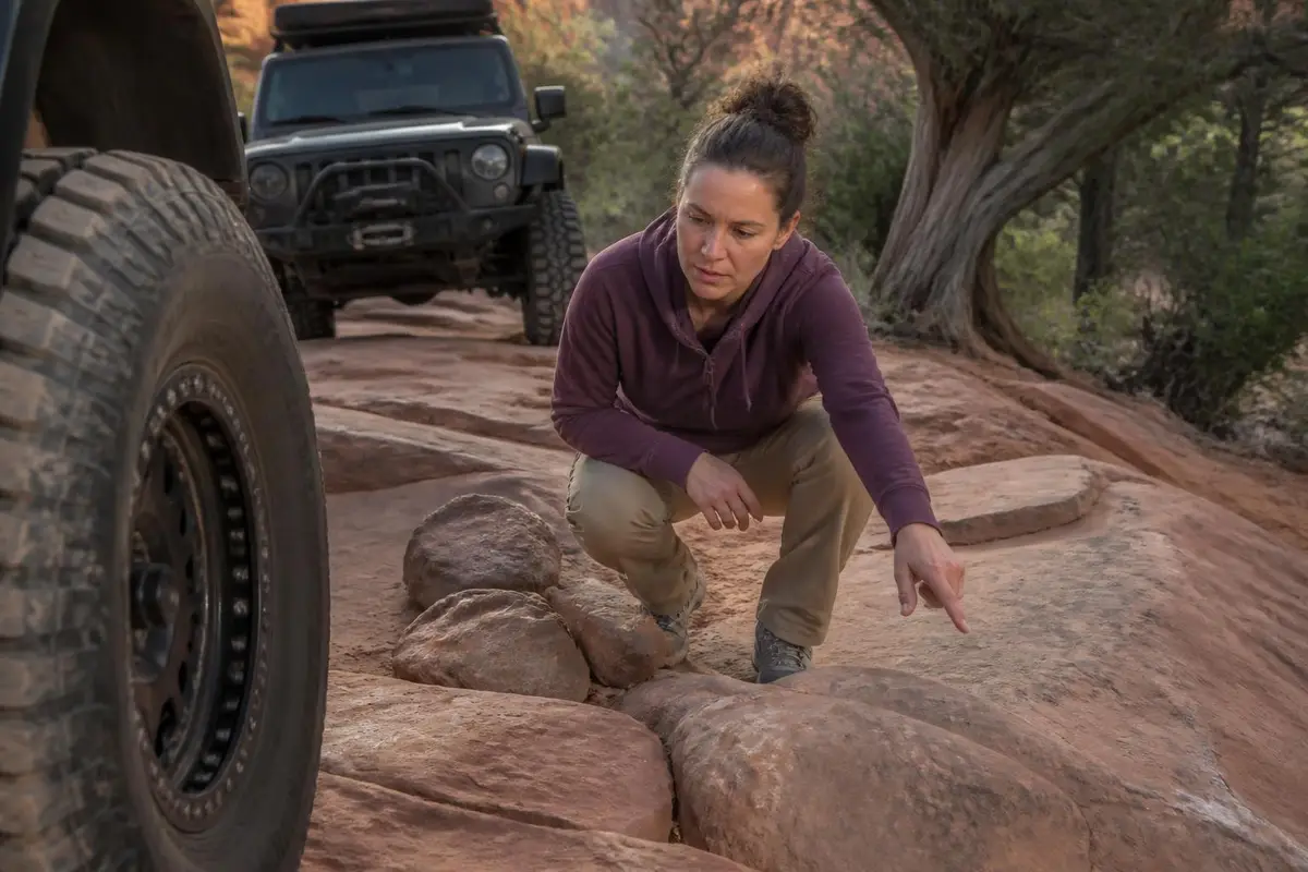 Spotter kneeling to check a tire's line on a rock step