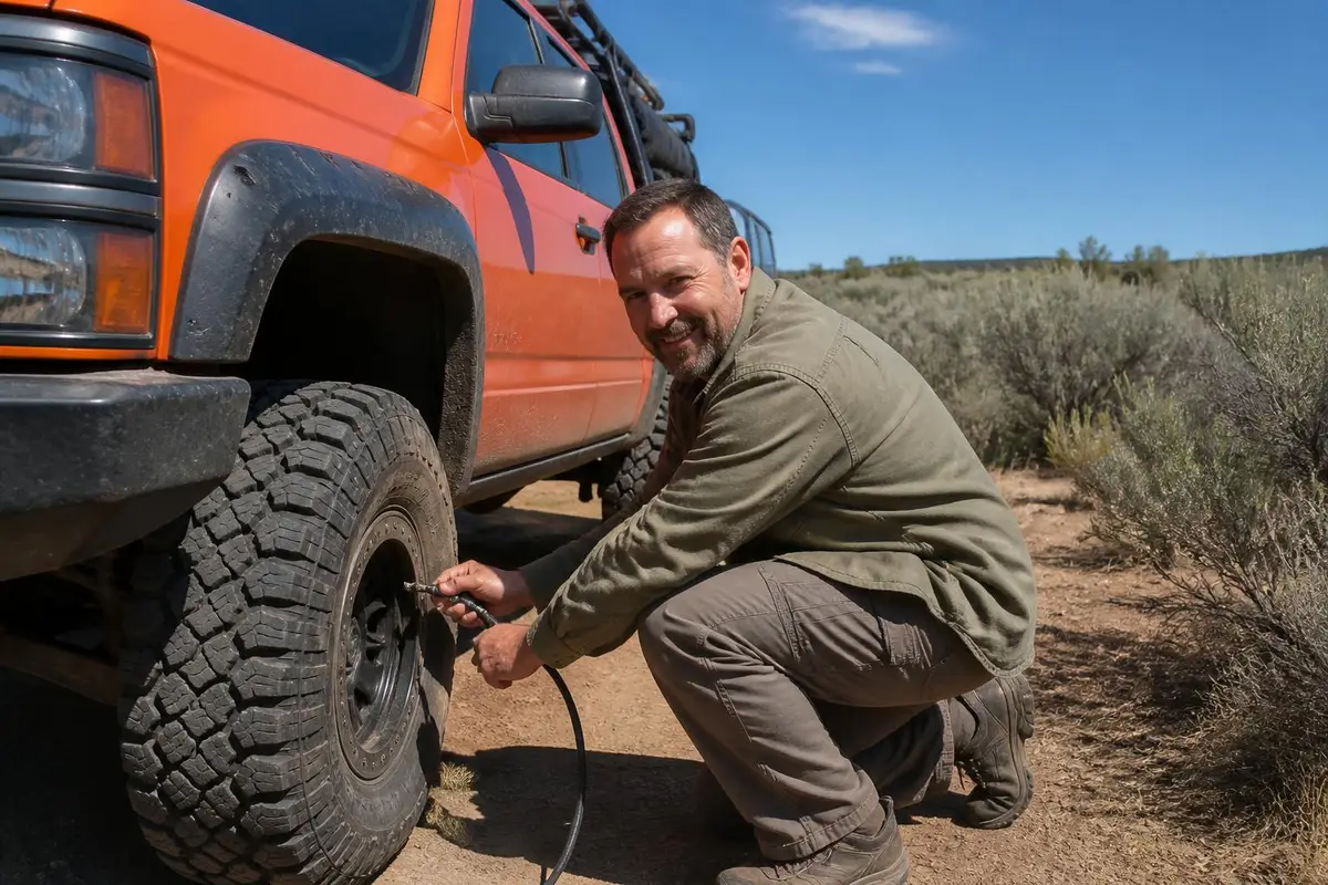 Owner airing down big tires at a trailhead